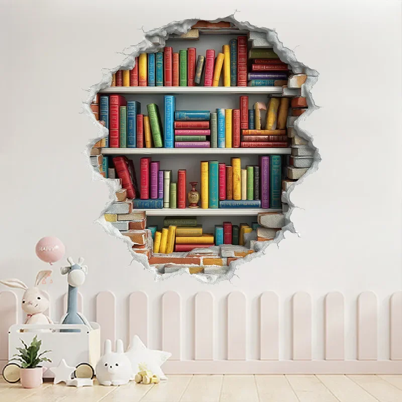 2026 hot sale Cross-border new 3D three-dimensional broken wall bookshelf sticker living room TV background removable wall