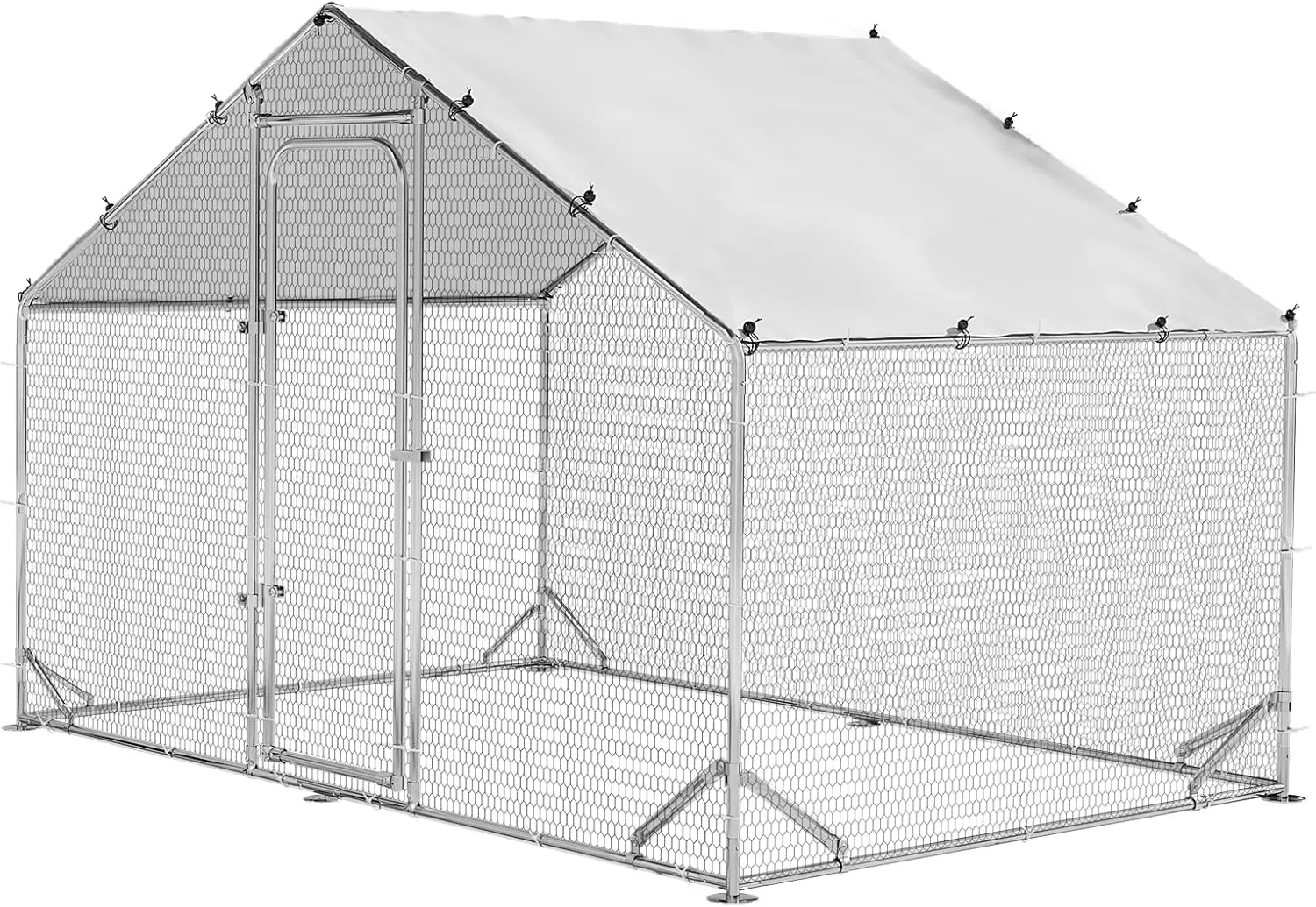 Metal Chicken Coop Spire Roof Walk in Chicken Run Pen for 6 Chickens, Galvanized Rabbits Duck Poultry Cage with Waterproof Cover