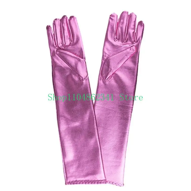 

652F Women Sparkly Wet Look Costume Long Gloves Faux Leather Metallic Gloves