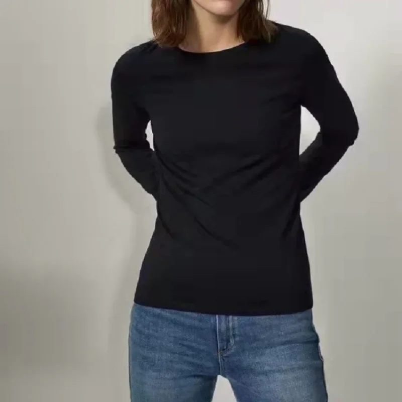 

Long-sleeved Simple Solid Color T-shirt Slim Fit Round Neck with Thin Cotton Bottoming Tops Women