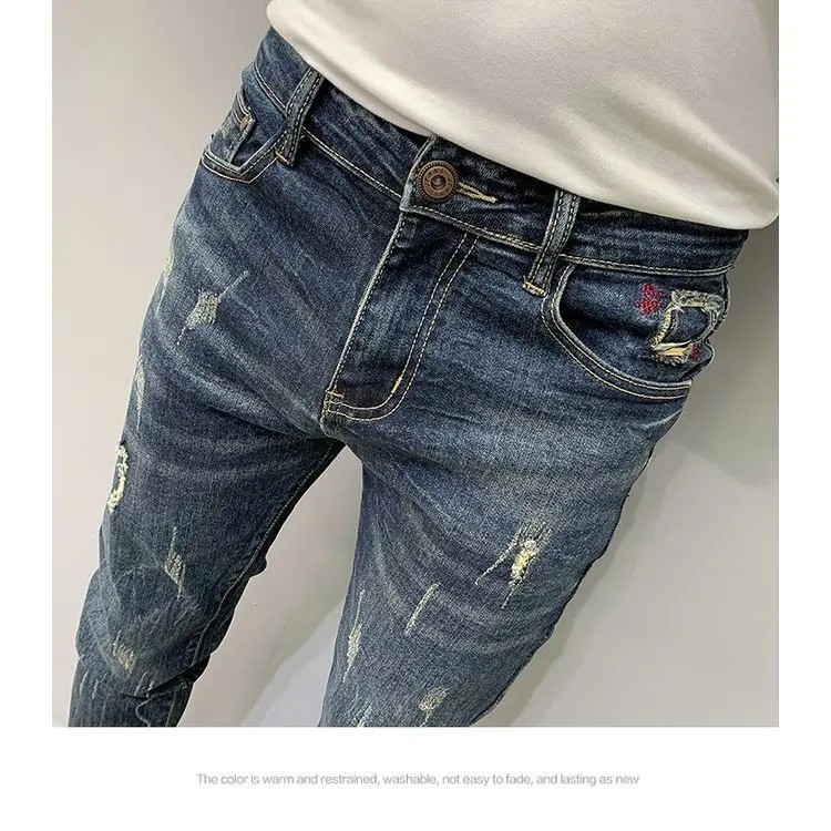 Harajuku Moda Autunno Nuovi Jeans Blu Marchio Alla Moda da Uomo Graffi Cargo Lavoro Coreano Pantaloni Slim Pantaloni Elastici di Lusso