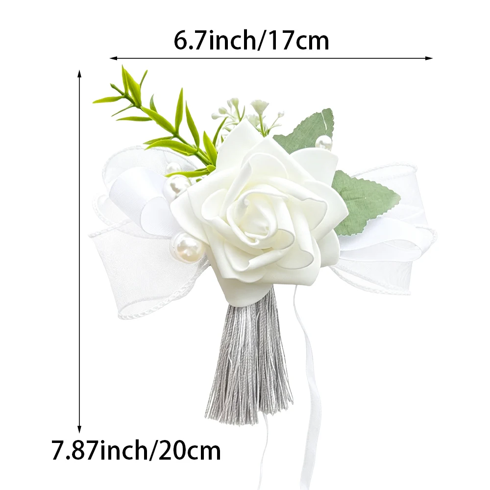 White Rose Wedding Rearview Mirror Decor Flower, With Tulle Bow, Pearls, Tassels And Green Leaves,For Wedding Car ,Chair Decor view 4