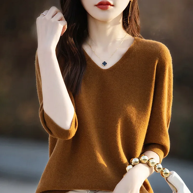 Andersen Cotton Short Sleeve V-Neck Solid Color Knit Base Layer Top Half Sleeve Loose Fit Pullover Spring New Arrival