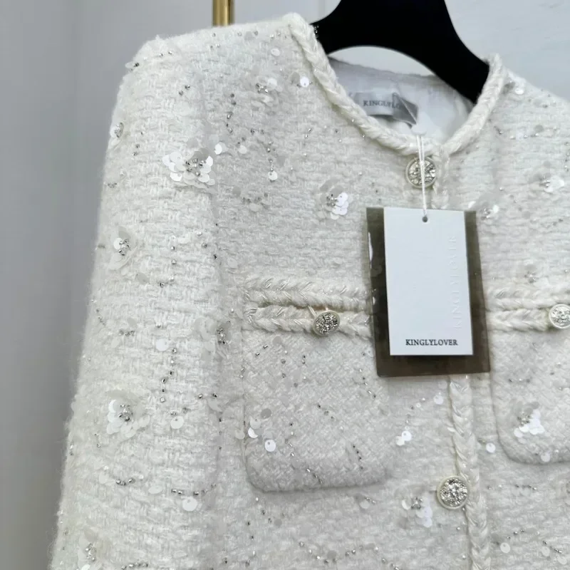 High Quality Autumn Winter New Female 2024 Daily Elegant Exquisite Kinglylover Sequined Long Sleeve Ivory Tweed Jacket