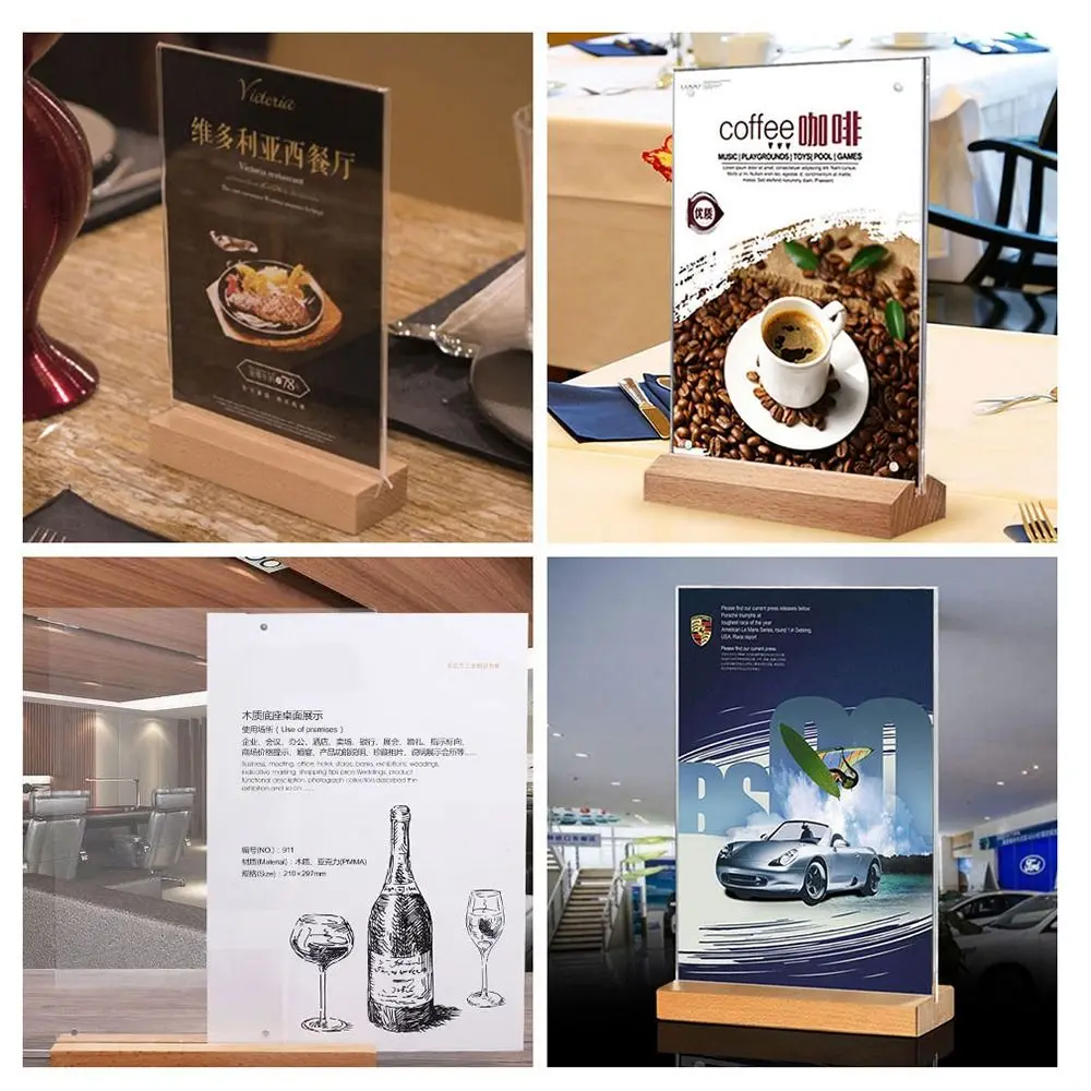 A4/A5/A6 Table Top Sign Holder with Wood Base Double Sided Picture Card Frame Acrylic Menu Display Stand Restaurant