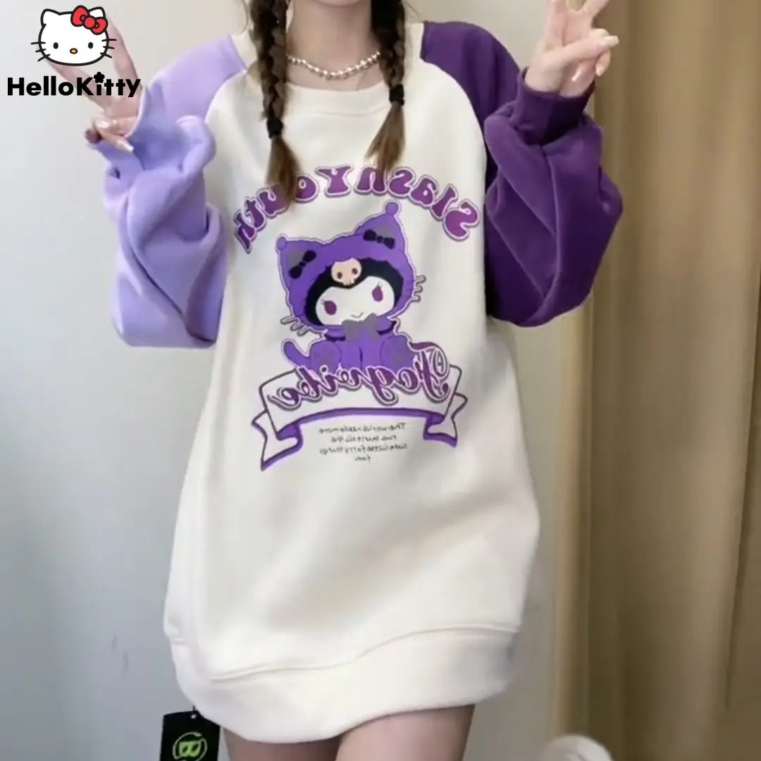 Sanrio Kuromi Fashion Round Neck Sweatshirts Women Cartoon Color Blocking Design Tops Y2k Japanese Style Cute Loose Pullovers