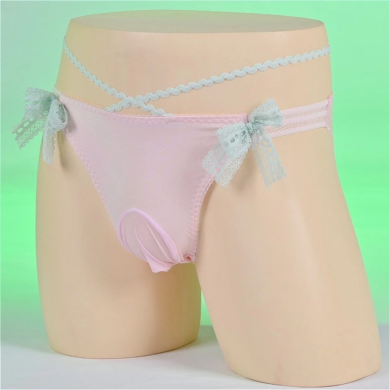 الحلو سيسي سراويل الرجال حريري الحقيبة ملخصات القوس الوردي الدانتيل سلسلة شفافة رجل مثلي الجنس الملابس الداخلية السلس الذكور المثيرة الملابس الداخلية 2025 #5