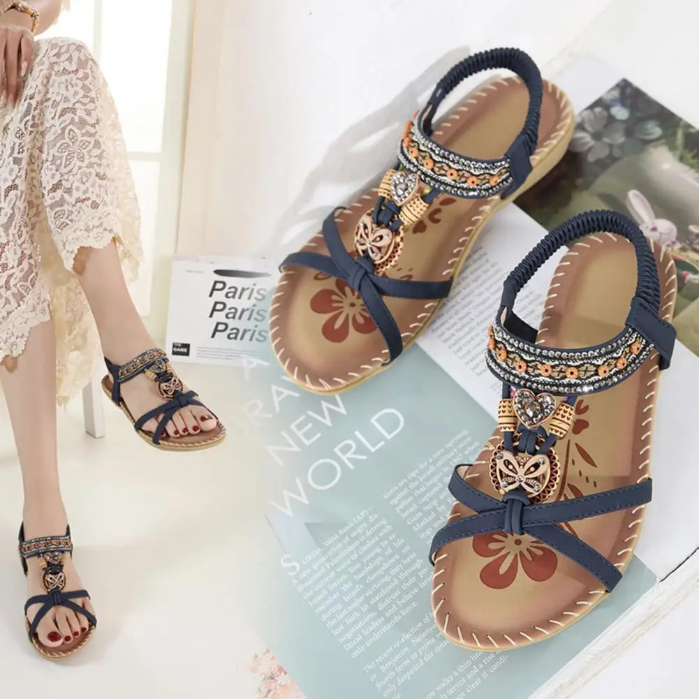 Sandali con strass Ladies 2024 Retro Elastic Band Flat Summer Shoes donna Soft Gladiator Sandals stampa bohémien Walking Luxury