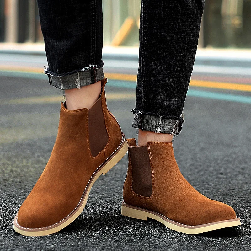 shoes man winter New Fashion Casual Men Ankle Chelsea Boots Male Shoes Cow Suede Leather Slip Ons plush warm Man snow Boots