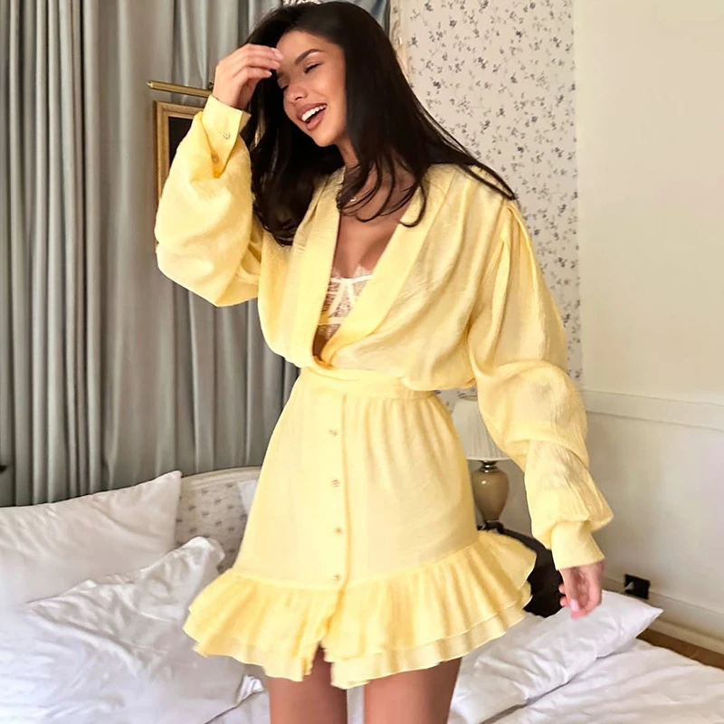 

Ticketsx Women's Ruffled Mini Dress Elegant V Neck Button Long Sleeve High Waist Patchwork Dress Fashion Party Vacation Dresses