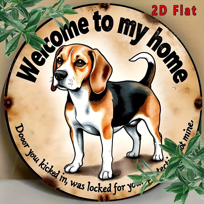 2D Flat, [2D Flat] 1 Stück rund „Welcome to My Home“ Beagle Dog Metallschild – 8-Zoll-Aluminium, wasserdicht und wetterbeständig, High-D