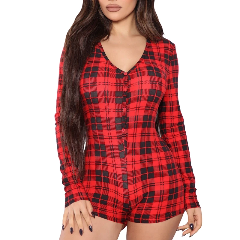 Women Pajamas Christmas Playsuit Long Sleeve V Neck Button Closure Plaid Slim Fit Bodysuit Loungewear Female Casual Sleepwear