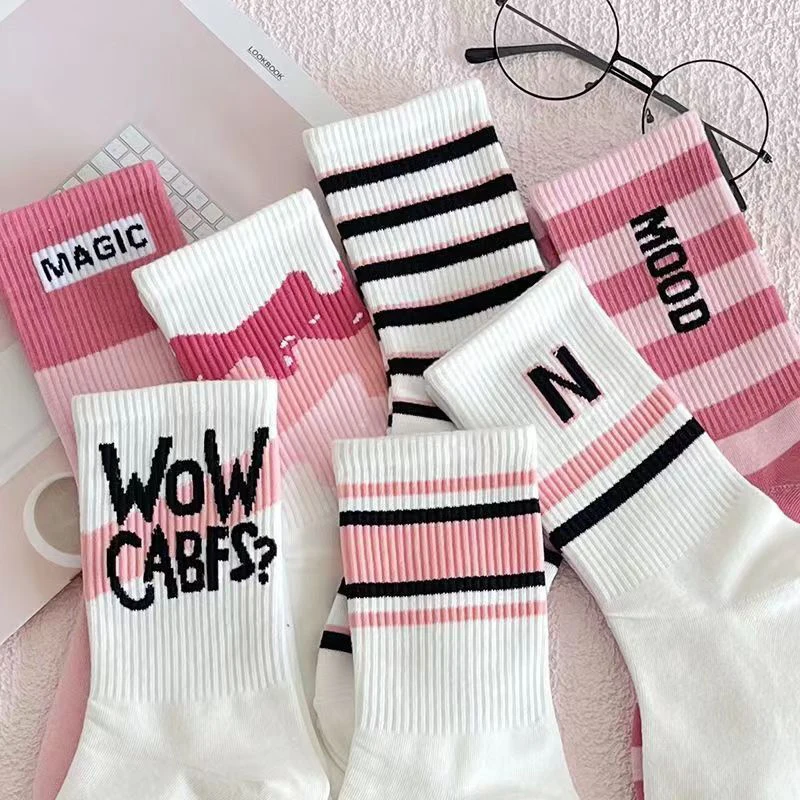 Autumn Winter Pink Sweet Love Letters Cotton Casual Middle Tube Socks Versatile Socks Trendy Long Socks