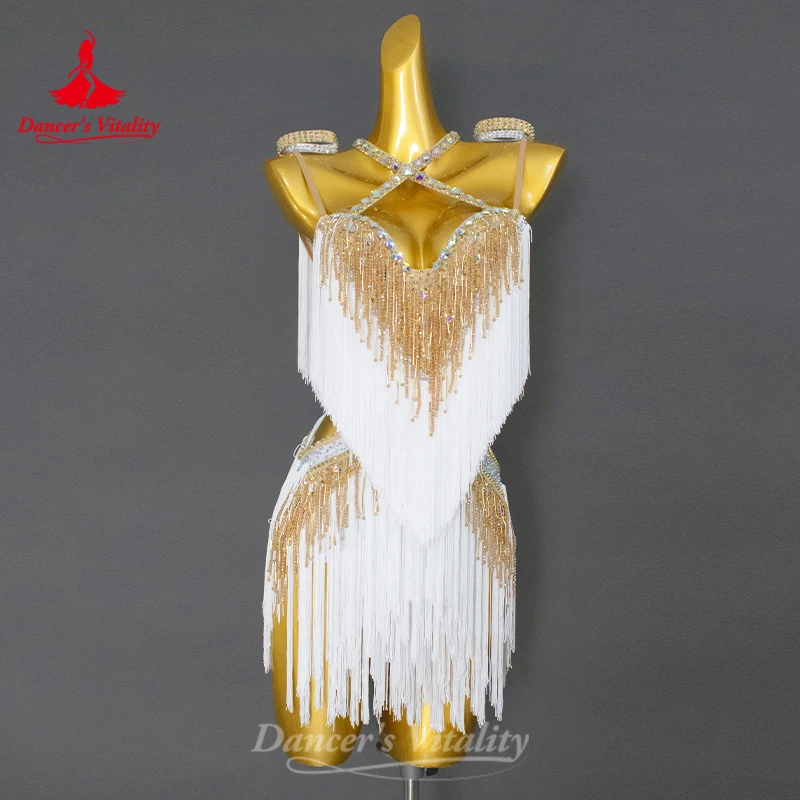Latin Dance Dresses Customized Luxury Rhinestone Gradient Tassel Dress Adults and Children Tango Samba Rumba Competition Outfit