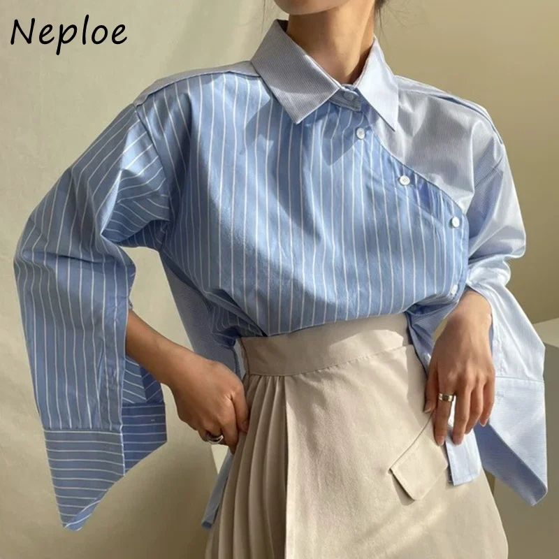 Neploe Coreano Colletto Irregolare Design Camicetta A Maniche Lunghe Delle Donne di Colpo di Colore A Righe Patchwork Allentato Blusas Primavera