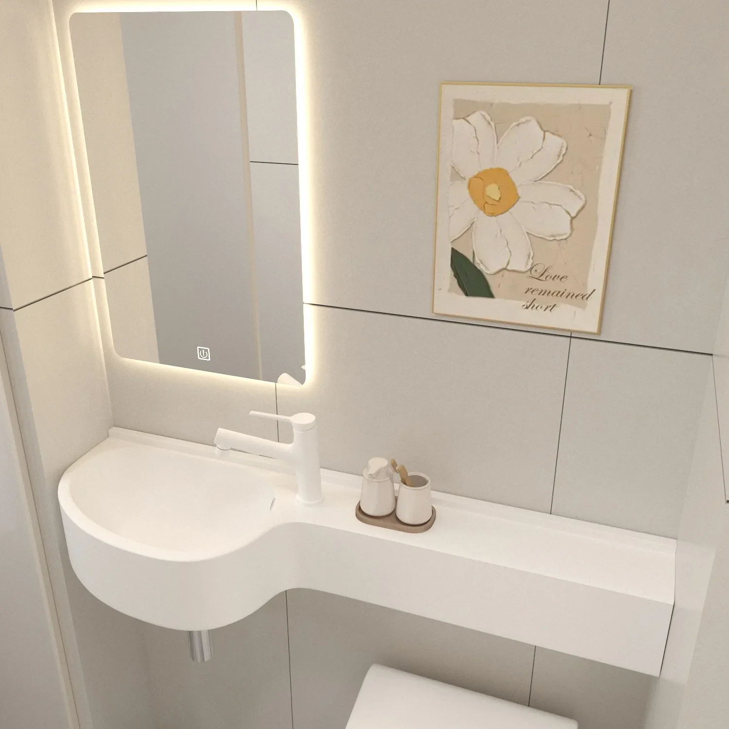 حوض غسيل متكامل معلق من الحجر الاصطناعي، حوض غسيل على شكل حرف P، حوض غسيل ممتد على سطح الطاولة