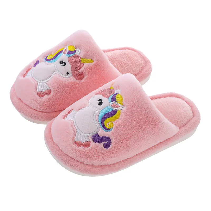 Zapatillas de casa de invierno para niños y niñas, zapatos de algodón con dibujos de unicornios encantadores, antideslizantes, suaves y cómodos para interiores