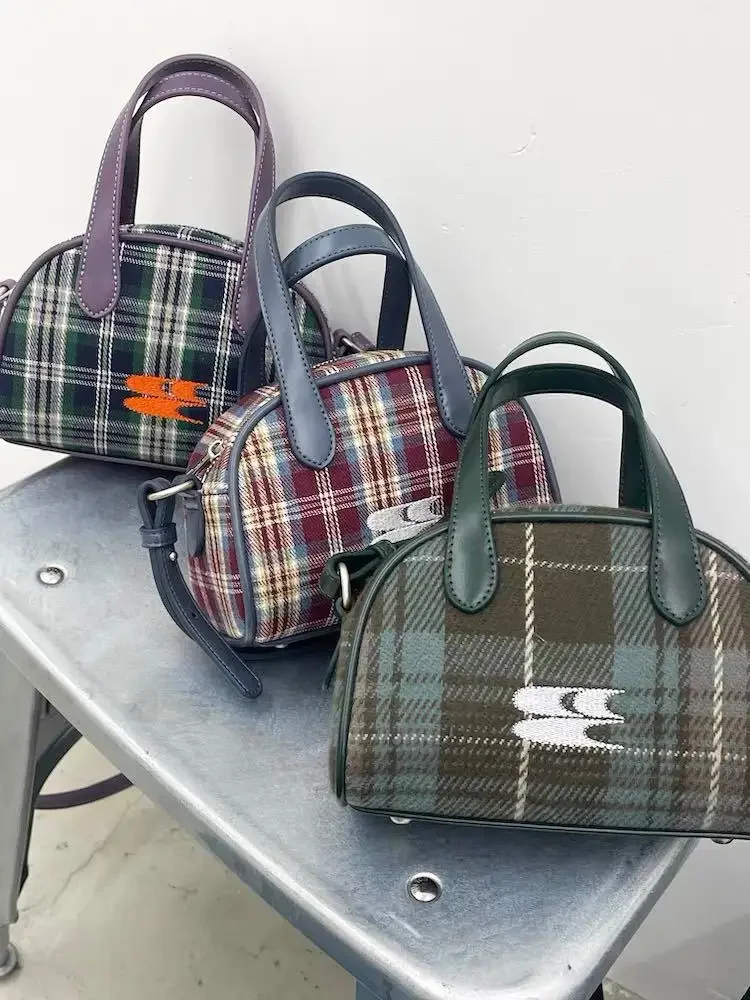 Korean Vintage Plaid Pattern Classical Boston Bag Y2k Aesthetic Streetwear Women Purses and Handbags Trendy Cool Crossbody Bag