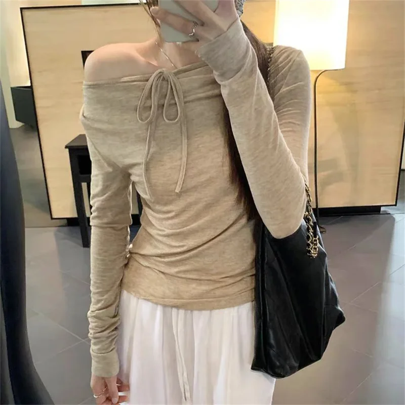 

2025 Off Shoulder New Casual Tshirt Vintage Lady Spring Early Autumn Women's Long Sleeve T-shirt Solid Color Lace Up Female Tees