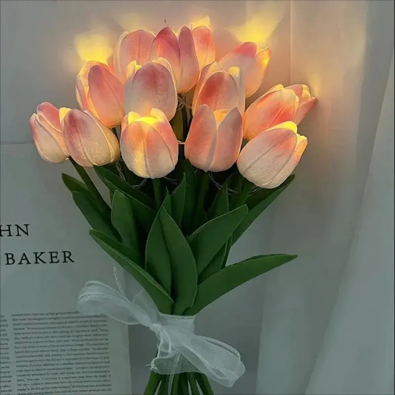 10pcs LED Tulips Artificial Flowers PU Tulip Fake Flower Bouquet Night Light for Home Garden Decoration Wedding Birthday Gift