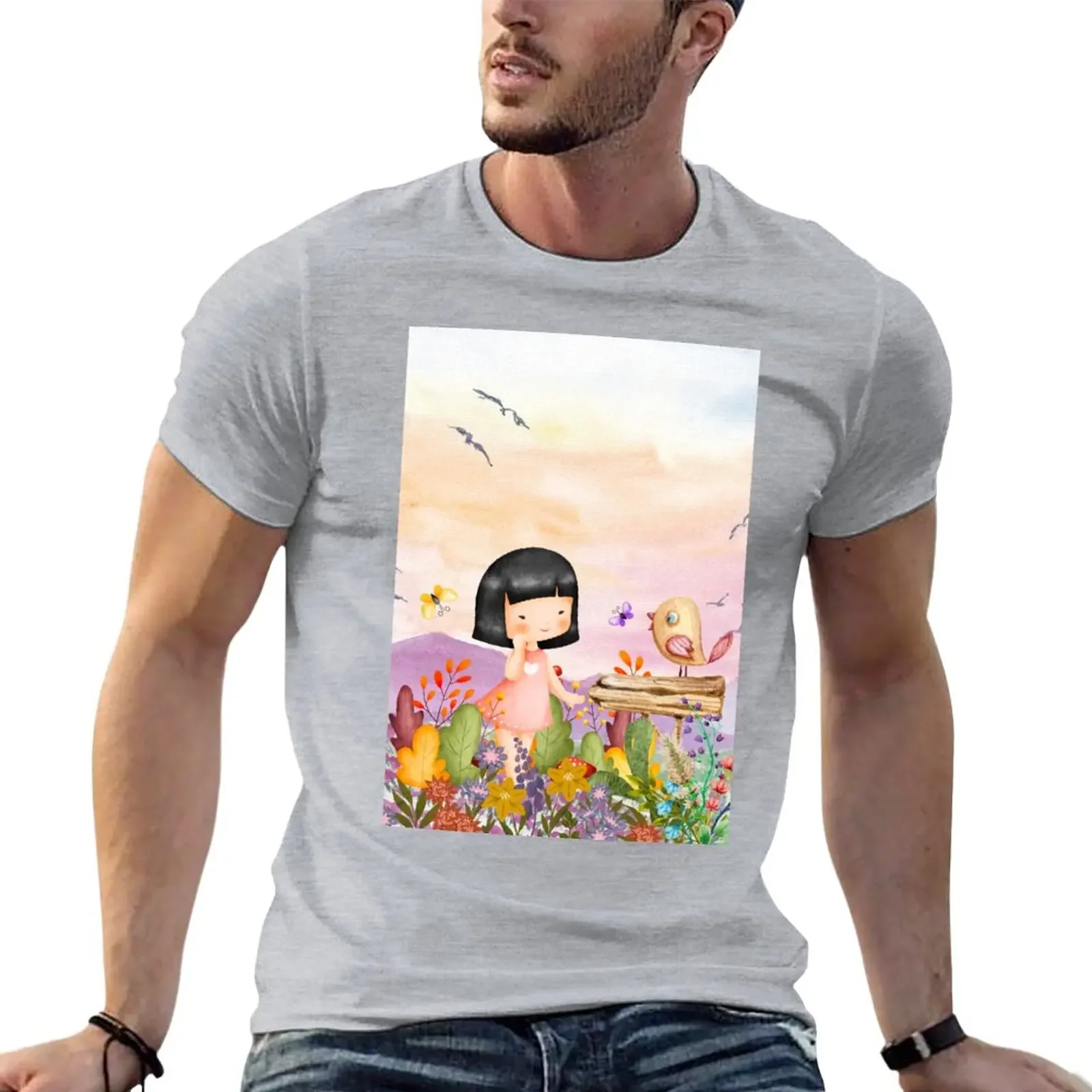 An Asian Girl and bird / Lady in Pink T-Shirt boys animal print for a boy mens vintage t shirts