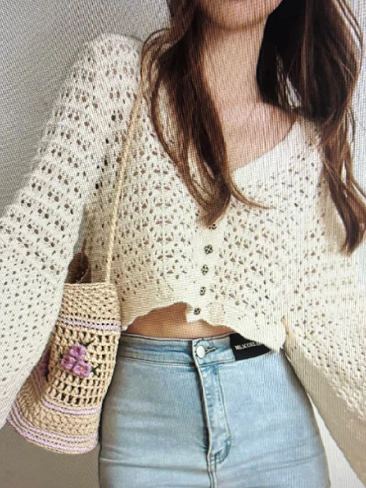 Single Breasted Knitted Thin Sweater Cardigan Women Flare Sleeve Sueter Mujer Summer Vintage Sweet Hollow Out Cropped Jackets