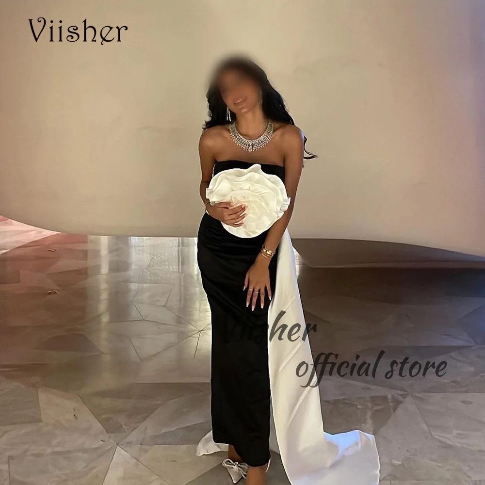 

Viisher Black White Mermaid Evening Dresses Handmade Flower Strapless Long Formal Prom Dress with Train Party Gowns