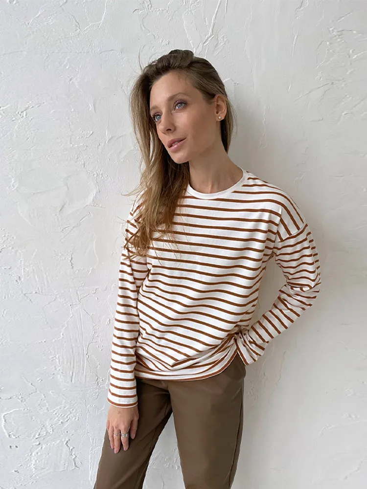 Women Striped Oversize Long Sleeve T-shirt Fashion Casual O Neck Cute Basic T-shirt Trend 2024 Versatile Cotton Pullover Tops