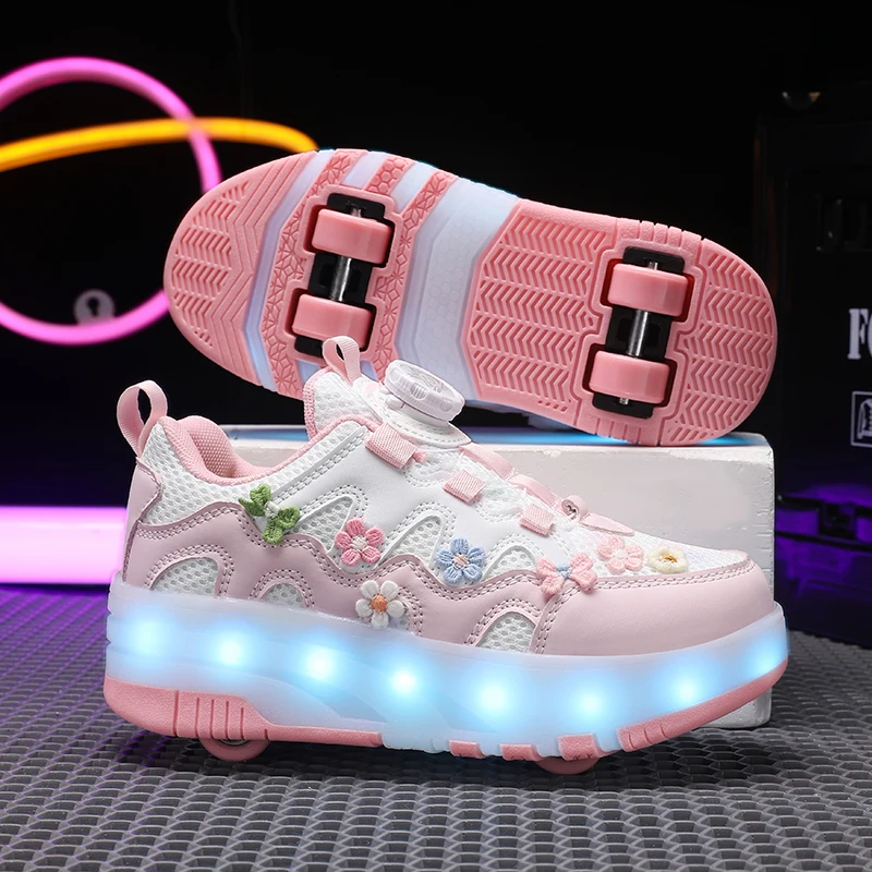 Children Four Wheels Luminous Glowing Sneakers Black Pink Led Light Roller Skate Shoes Kids Led Shoes Boys Girls USB Charging