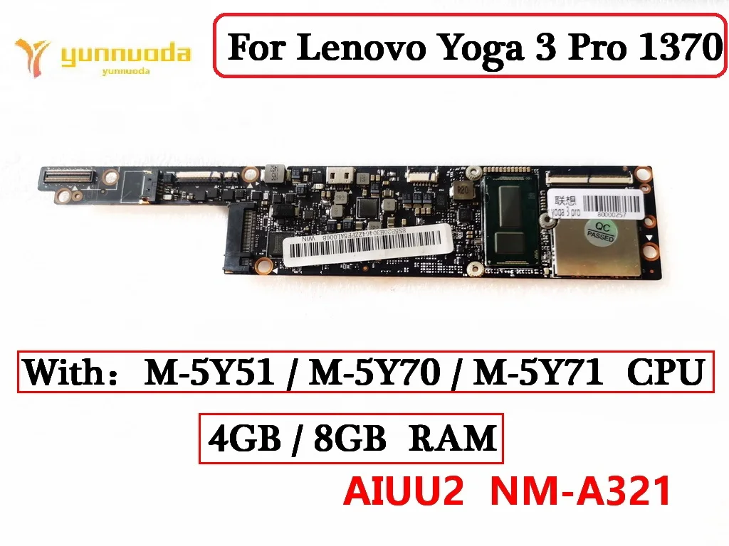 Original For Lenovo Yoga 3 Pro 1370 Laptop motherboard With  M-5Y51 M-5Y70 M-5Y71 CPU 4GB 8GB RAM AIUU2 NM-A321 100% Tested