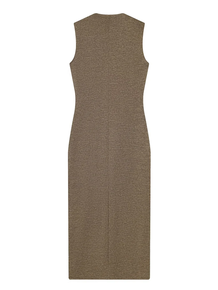 เดรสผู้หญิงทรงเวสต์แบบต่อผ้า ชุดเดรสยาวสำหรับฤดูใบไม้ผลิและฤดูร้อน ปี 2026 ติดกระดุม แขนกุด คอวี ความยาวปานกลาง สไตล์ลำลองสำหรับใส่เที่ยว