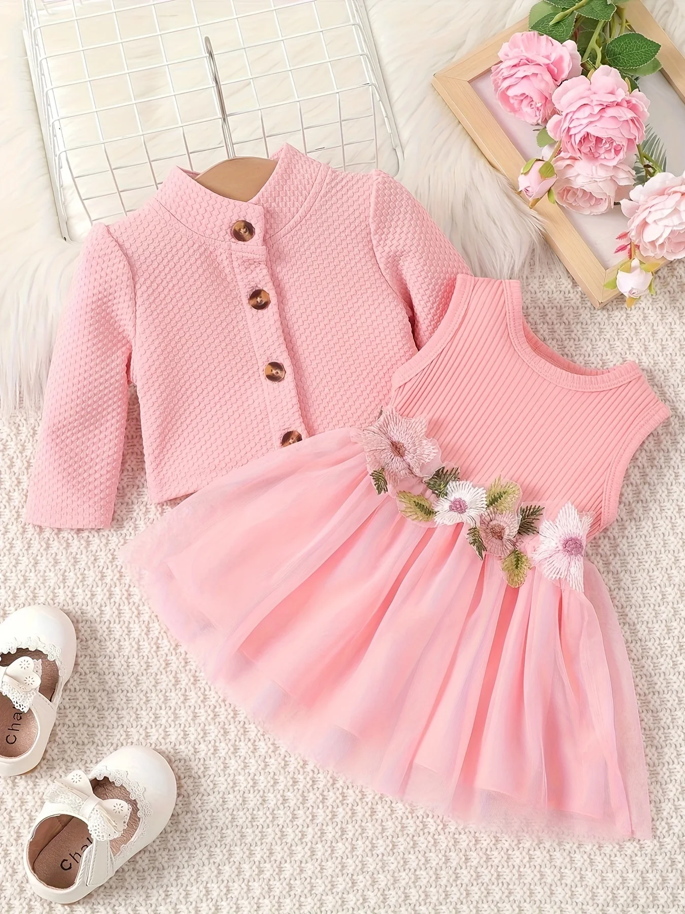 0-2 Year Old Spring and Autumn New Girl Baby Girl Waist Flower Design Tank Top Spliced Mesh Dressjacket