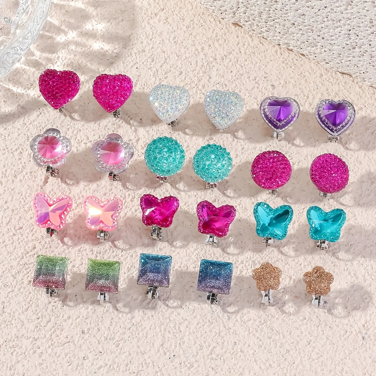 12 Pairs 4 Pairs Women's Clip-On Earring Set Colorful Shiny Rhinestone Heart-Shaped Butterfly Flower Square Non-Pierced Earrings Cute Princess Role-Playing Jewelry Accessories Girl Gift