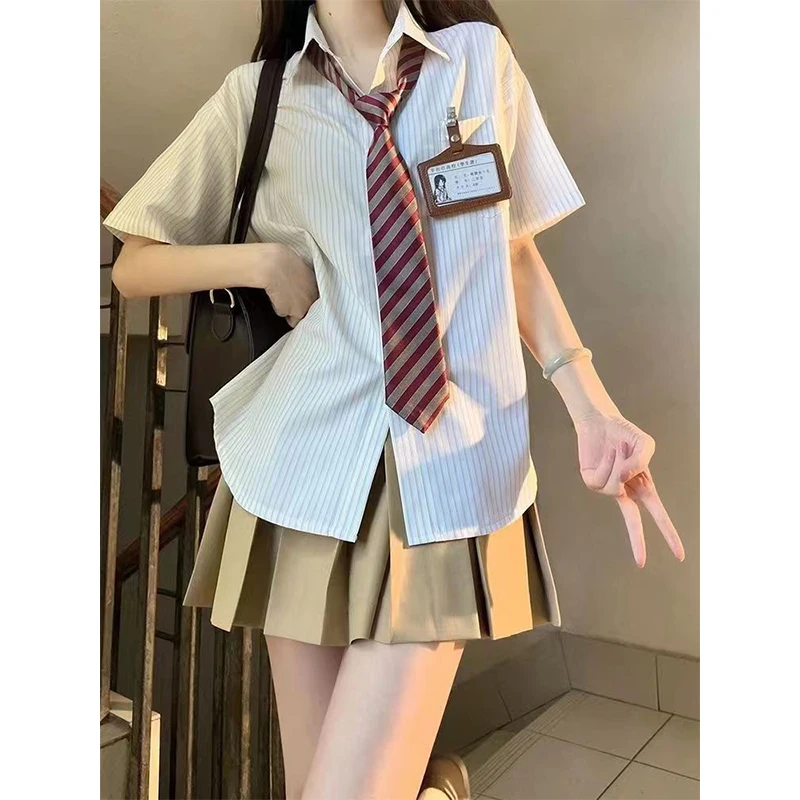 Uniforme JK de Style Preppy Japonais pour Femme, Ensemble 3 Pièces, Chemise Rayée à Manches Courtes, Jupe Plissée Trempée, Nouvelle Mode d'Étudiante, Été