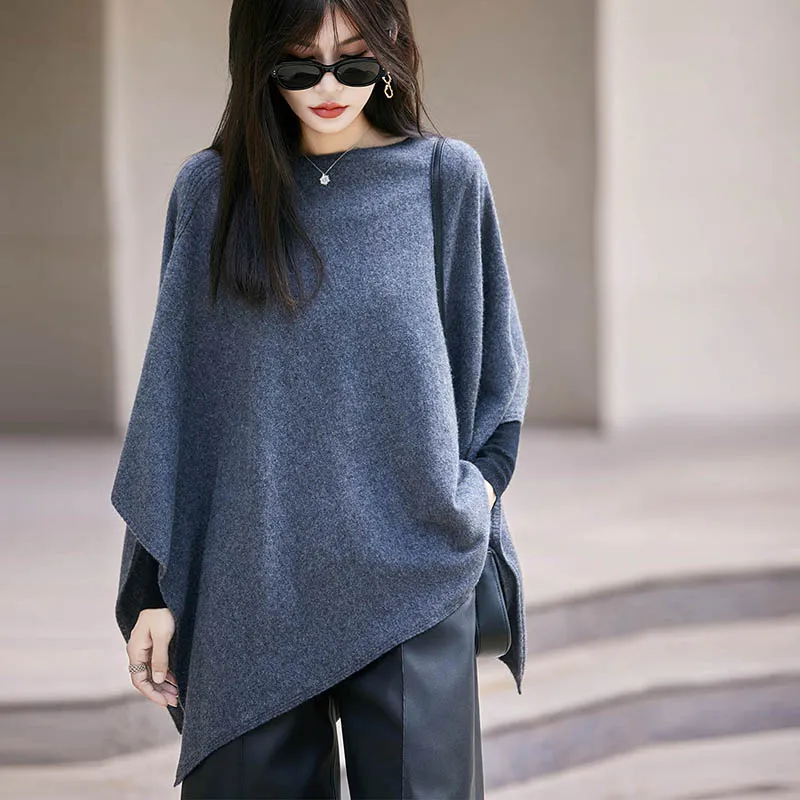 

One Neck Batball Sleeve 100% Merino Wool Shawl Women Irregular Cloak Knitted Sweater Top Autumn Winter Lazy Style Thick Warm