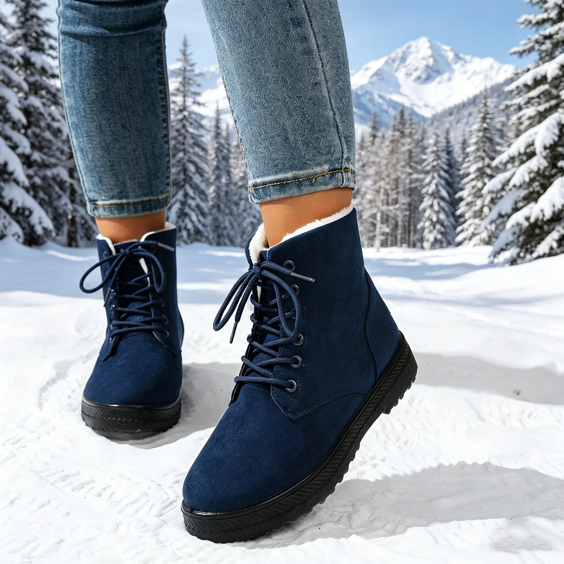 Damen Winter Schnür-Schneestiefel mit Wildleder-Optik, Fleece-Futter, Rutschfeste Dicke Sohle, Warme Knöchelhohe Kampfstiefel – Detail 10