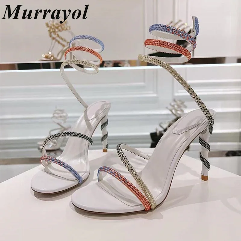 

Crystal Decorative Thin Heels Sandals Women Shiny Snake Shaped Elastic Strap Design Sandalias Summer High Heels Dress Shoes