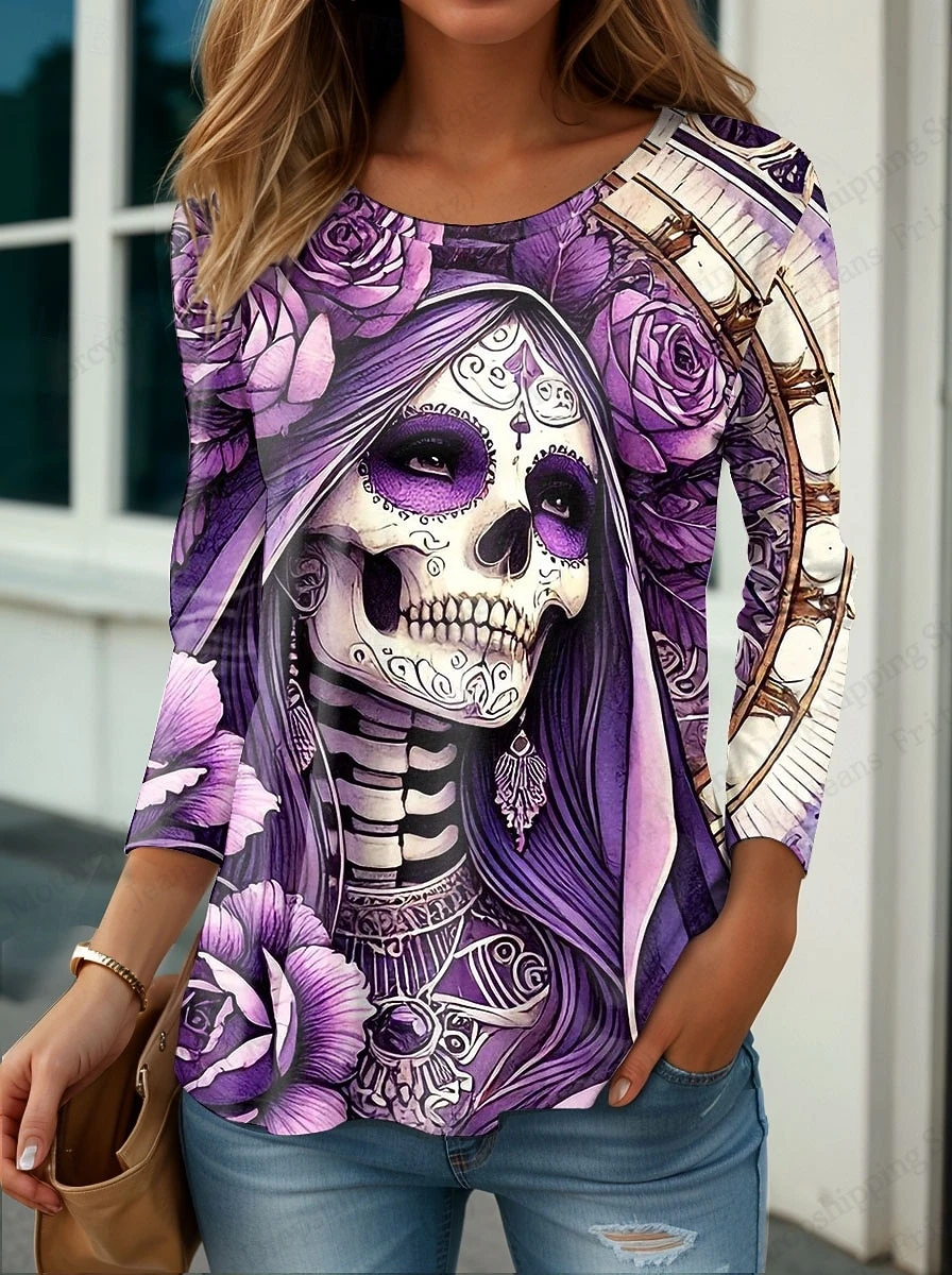 المرأة تي شيرت الأزهار الجمجمة خمر ثلاثية الأبعاد طباعة طويلة الأكمام تي شيرت المرأة موضة المتضخم الميت بلايز تيز ربيع خريف شتاء #1