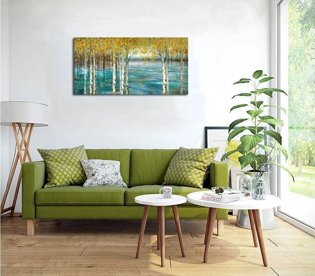 Large Wall Decor Abstract Hand Painted Oil Painting On Canvas Wall Art Yellow Trees White Birch Green Lake Landscape Paintings