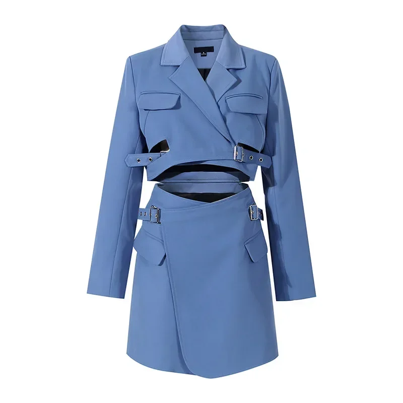 Sexy Blue Women Suits 1 Piece Long Blazer Skirt Sexy Hollow Office Lady Business Work Wear Fashion Girl Coat Jacket Prom Dress