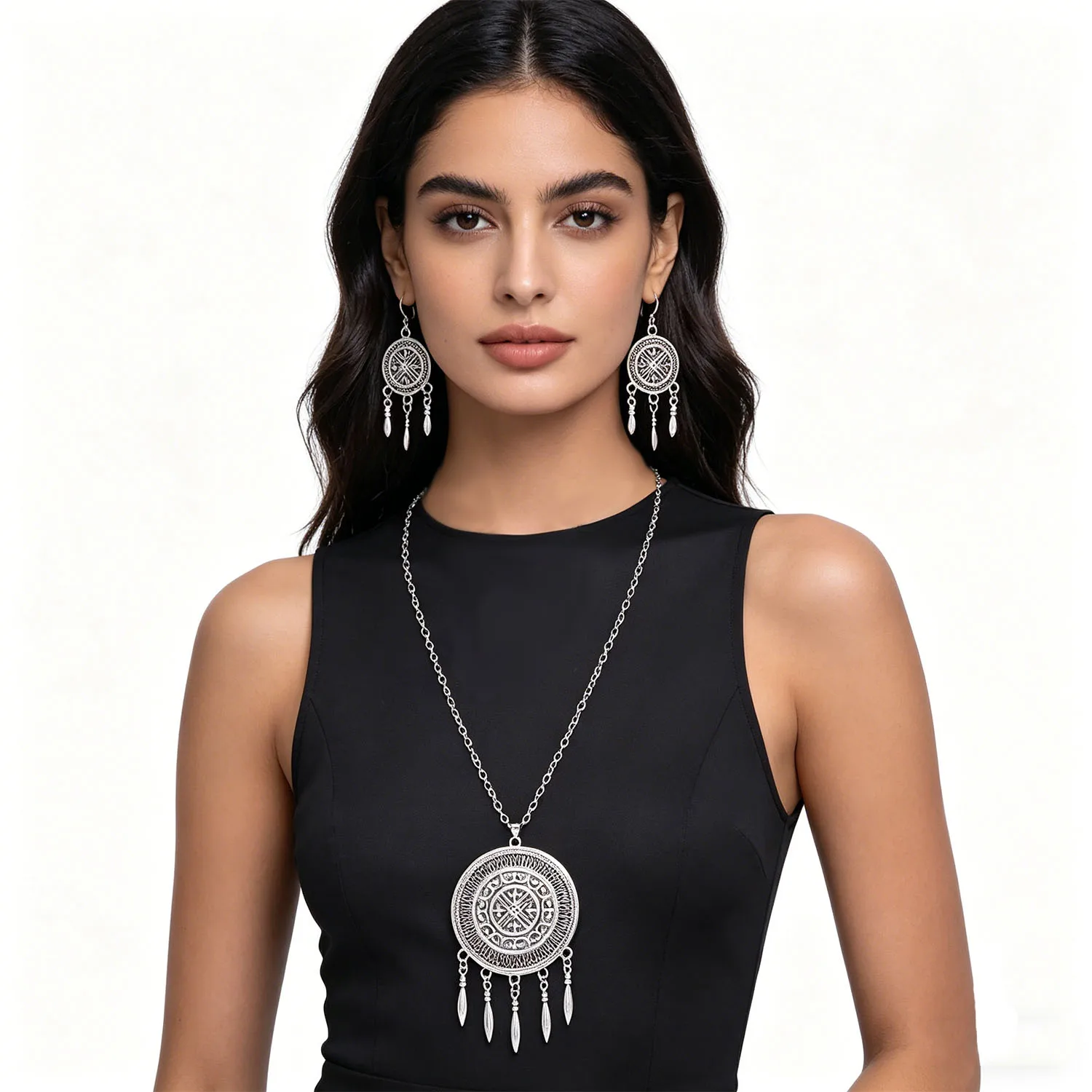 Ethnic Boho Alloy Tassel Jewelry Set Charm Carved Vintage Silver Round Pendant Necklace Earrings Kurdish Turkey Accessory Sets