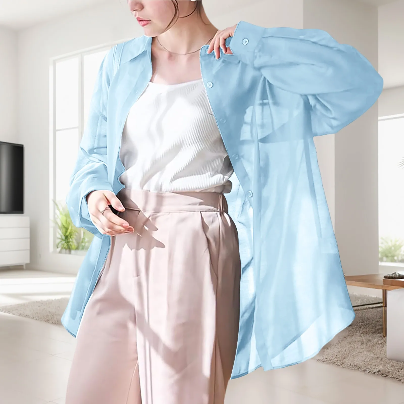 Summer Women\'s Shirt Light Thin Breathable Ice Silk Long Sleeve Sun Protection Shirt Solid Color Casual Loose Drape Blouse Shirt