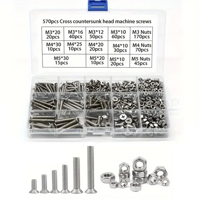 

570 шт. винт из нержавеющей стали 304, набор крестообразных гаек с потайной головкой, винты с крестообразным шлицем M3/4/5, мебельный болт, винты, набор гаек для инструментов «сделай сам»
