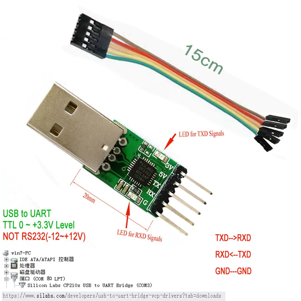 Silicon Labs CP210x Mostek USB do UART COM TTL 3.3V Aktualizacja Flash Programowanie Debugowania Tester Kabel Taśmowy 0.1" TTL-3V3-PCB