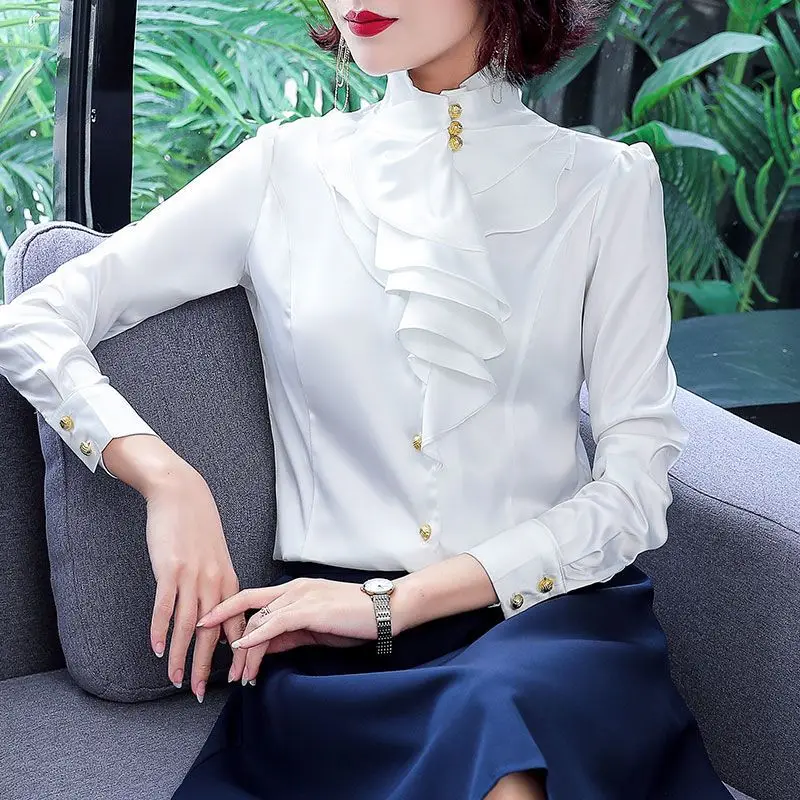 Camisa de manga larga con cuello levantado para mujer, Top informal con volantes, combina con todo, primavera y otoño, 2023