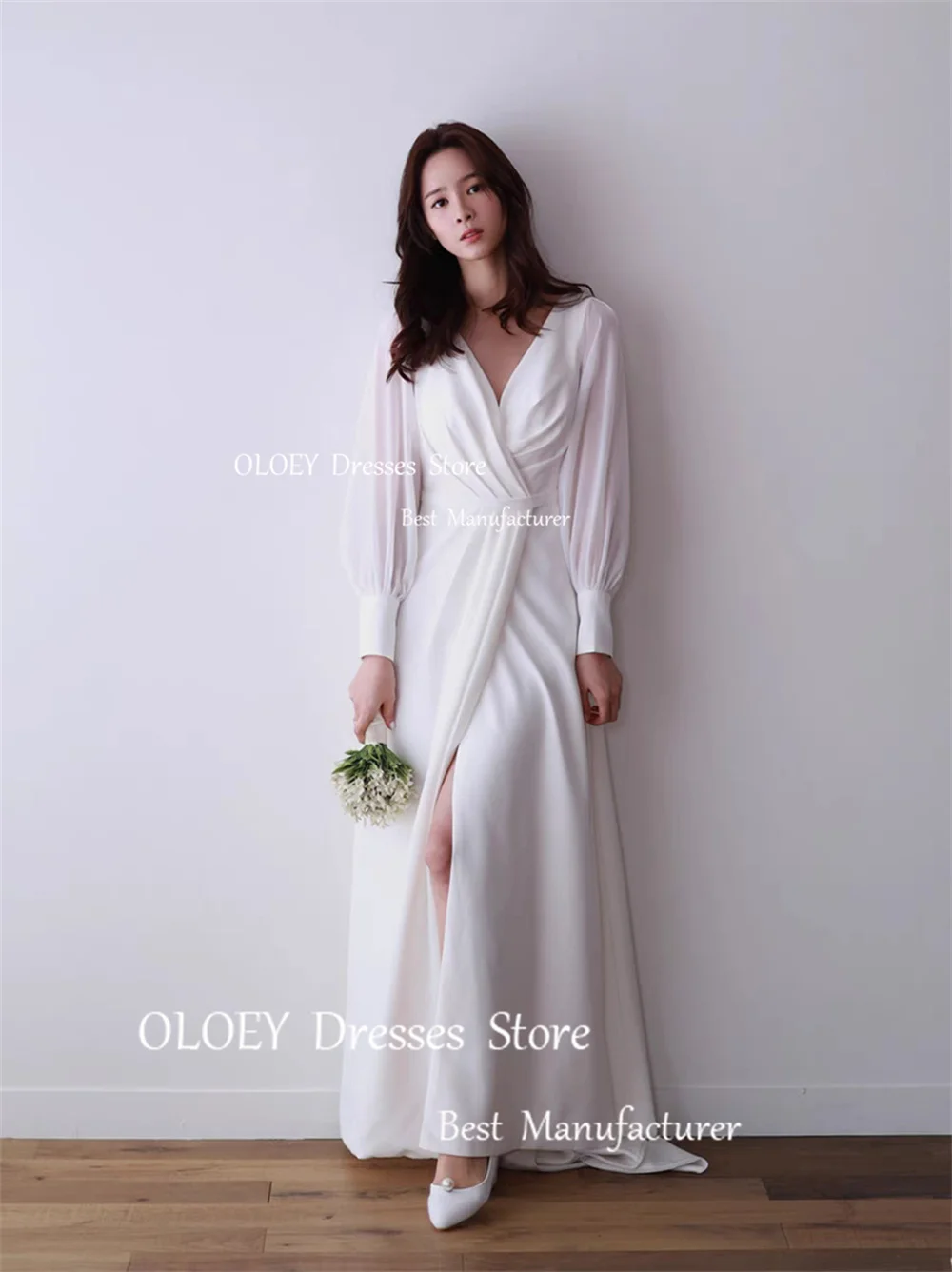 OLOEY Simple Wedding Dresses Korea Japen Photoshoot Pleated Chiffon Bridal Gowns V-Neck Women White Formal Party Dresses