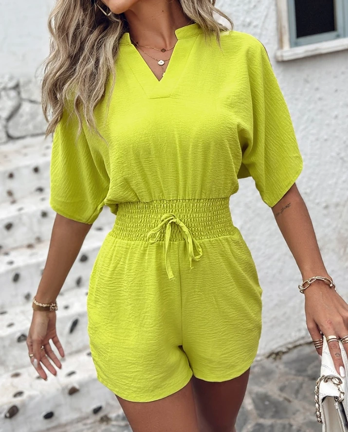 Women Casual Jumpsuit Elegant Summer Fashion Solid Color Cold Shoulder Short Sleeve Drawstring Shirred High Waist Cutout Romper
