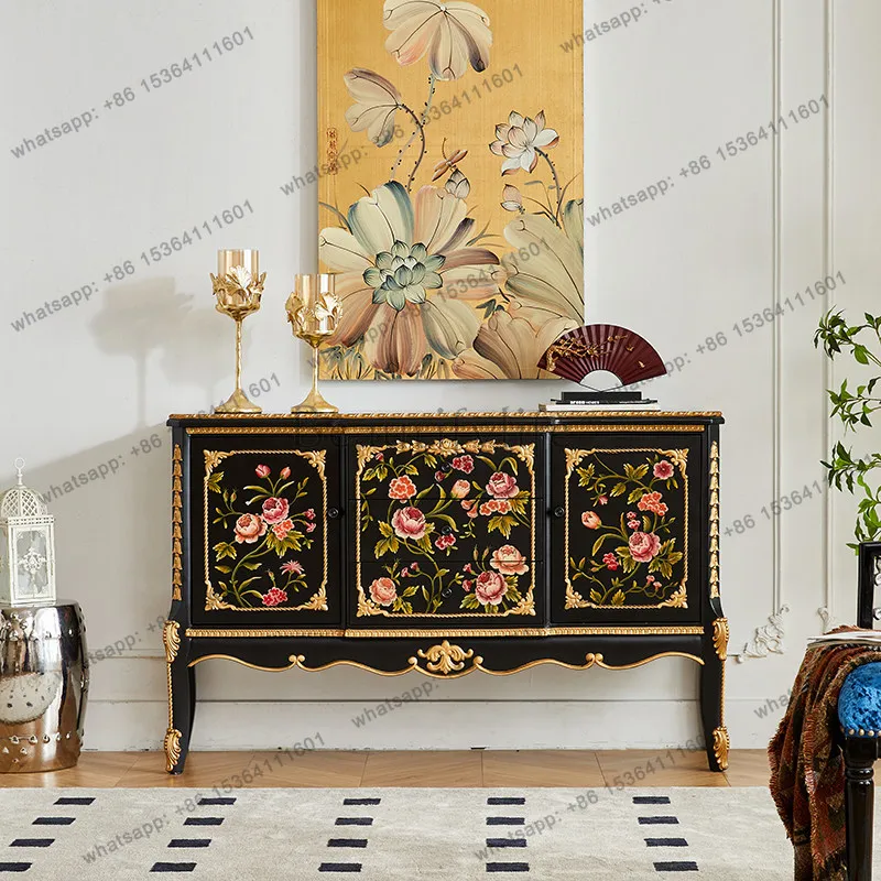 FG European luxury solid wood depicting rose decorative cabinet French high-end living room storage cabinet