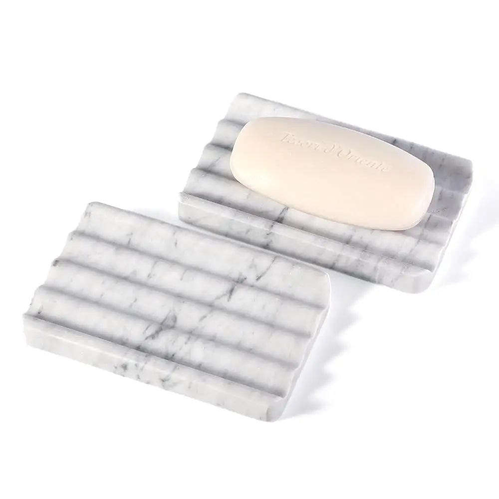 

2PCS Italian Natural Marble Soap Dish for Shower, Stone Soap Tray for Bathroom, Bar Soap Holder for Sink, Stripe Grooves Sav