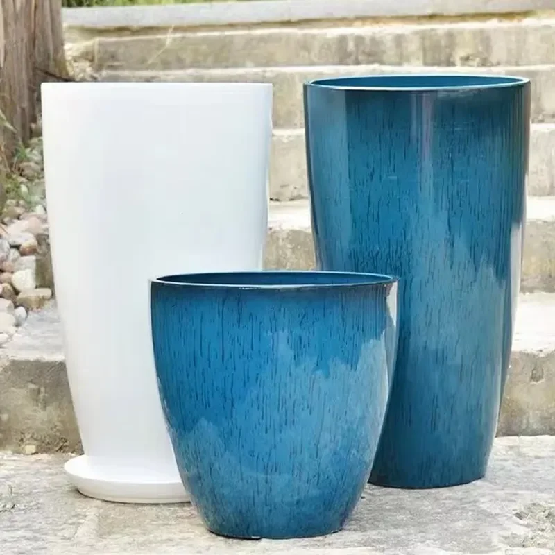 for High Barrel Glossy Gradient Color Polished Glaze Plastic Flower Pots Living Room Corridor Decoration Viewing Pots
